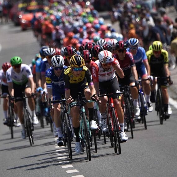 Ciclistas profissionais formando um pelotão em uma competição de ciclismo de estrada.