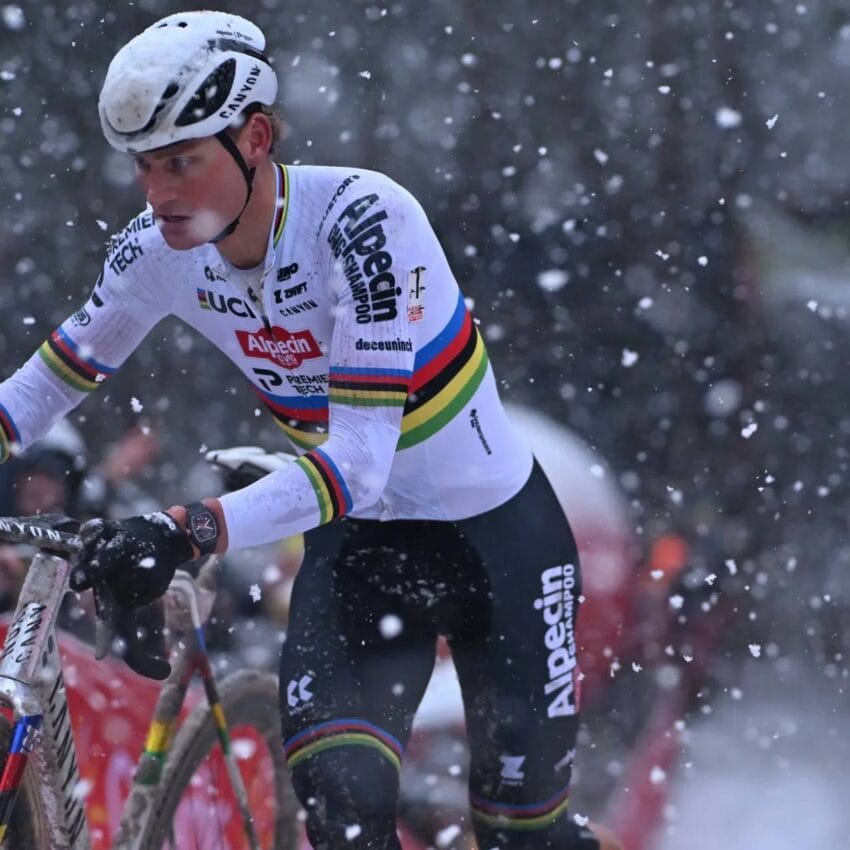Van der Poel domina sob neve intensa em Mol enquanto Van Aert abandona após queda
