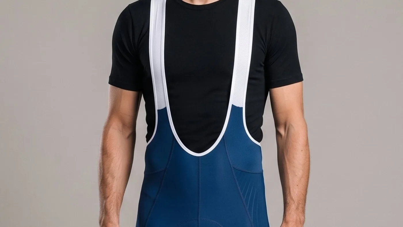 Bretelle de ciclismo azul com alças largas e forro 5D em close